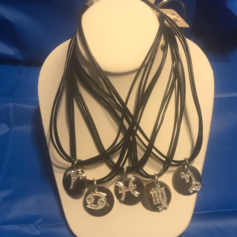 Triple Vegan Leather Cord Crystal Zodiac Necklace